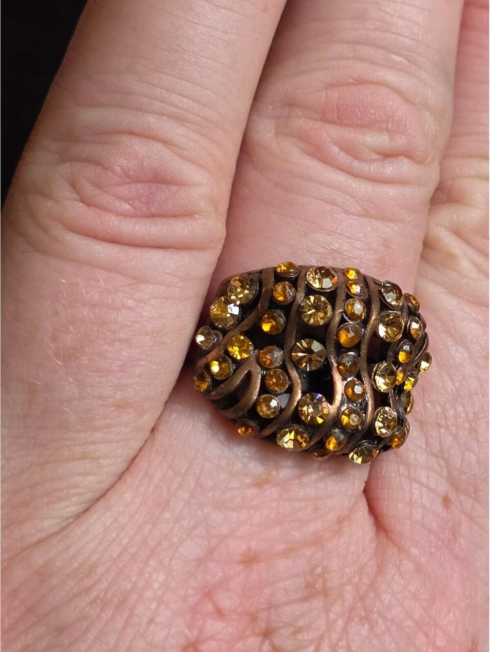 Vintage 1980's Amber Topaz Rhinestone Dome Ring Adjustable